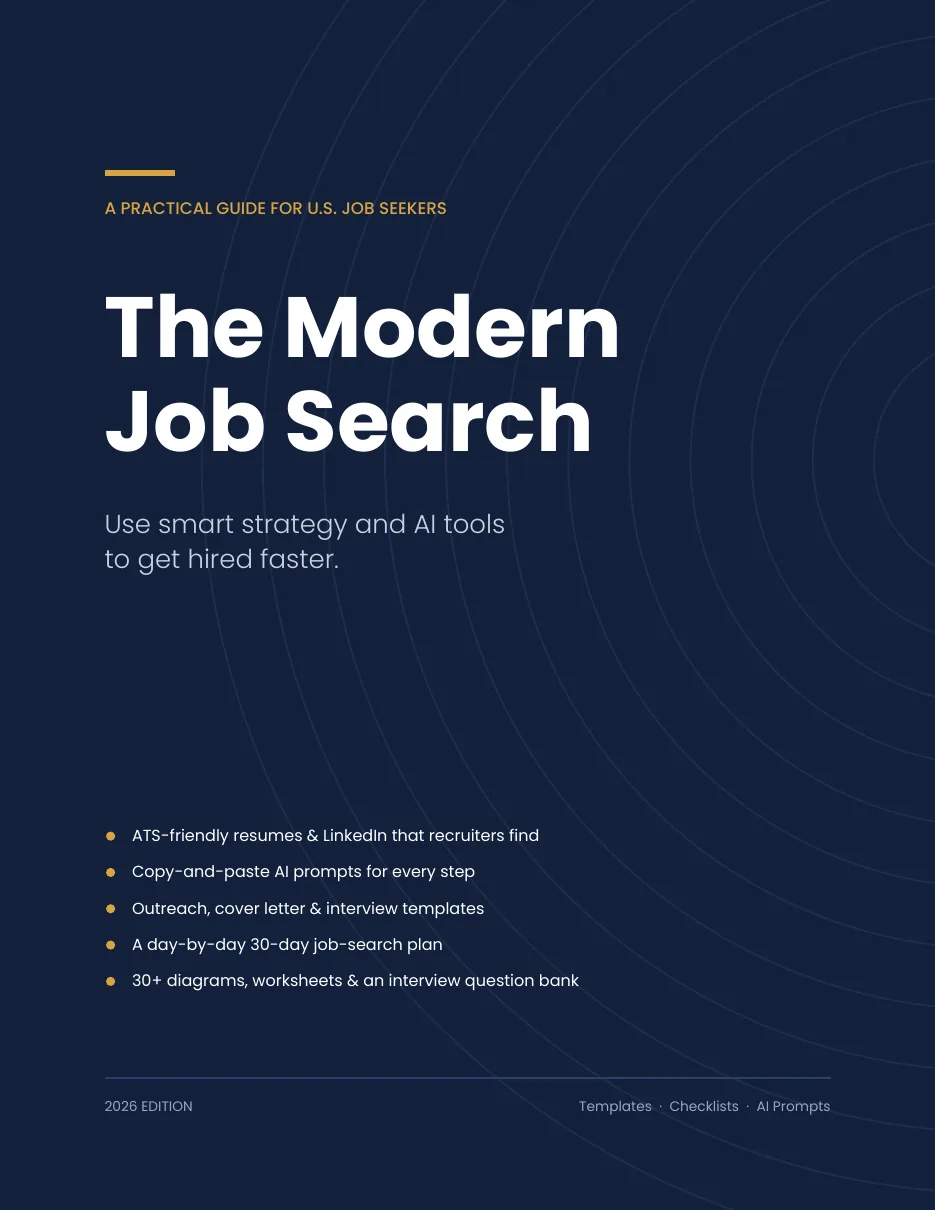 Cover of The Modern Job Search, 2026 Edition, listing ATS resumes, AI prompts, templates, a 30-day plan and an interview question bank