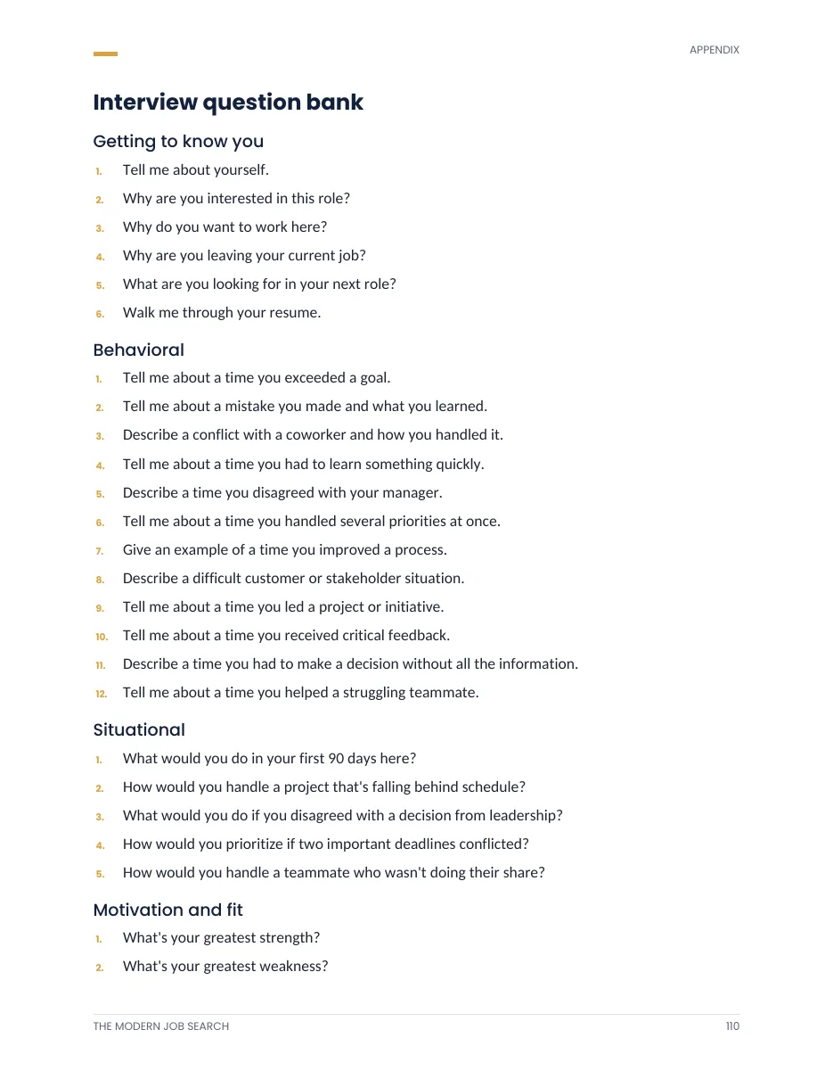 Page 110: the interview question bank with getting-to-know-you, behavioral and situational questions